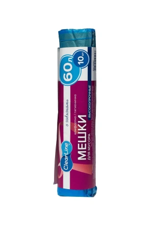 Фото №1 - Мешки для мусора: 60л 60х70 ПНД VCLEAN Ultra/Clear Line с завязками синие /рул.=10 шт.