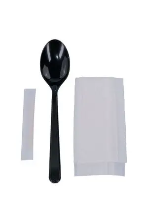 Одноразовая продукция: Набор столовых приборов Премиум 3/1 (ложка, зубочистка, салфетка белая) черный /пач.=300 шт.