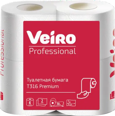 Бумага туалетная: 2сл 50м целлюлоза цвет белый ВЕЙРО Professional Premium /пач.=4 шт.