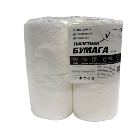 Бумага туалетная: 2сл 22м целлюлоза цвет белый Виклин /пач.=4 шт.