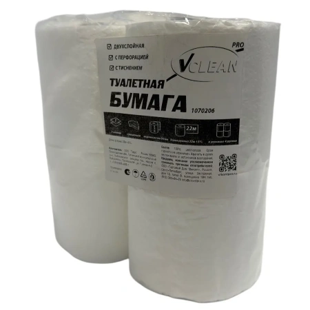 Бумага туалетная: 2сл 22м целлюлоза цвет белый Виклин /пач.=4 шт.