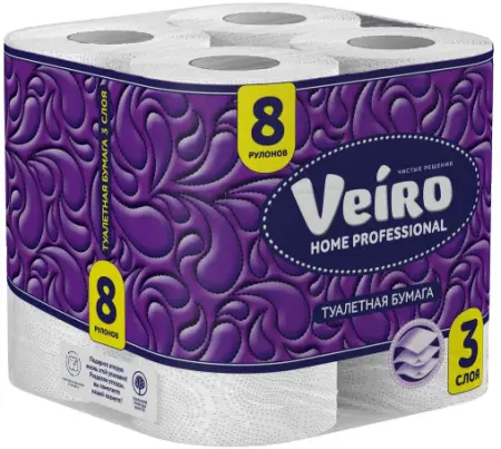 Фото №1 - VEIRO: Бумага туалетная 3сл 15м Home Professional белый /пач.=8 шт.