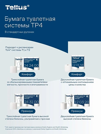 Фото №12 - ТОРК: Tellus Бумага туалетная T4 Премиум 2сл 23м белая /пач.=8 шт.